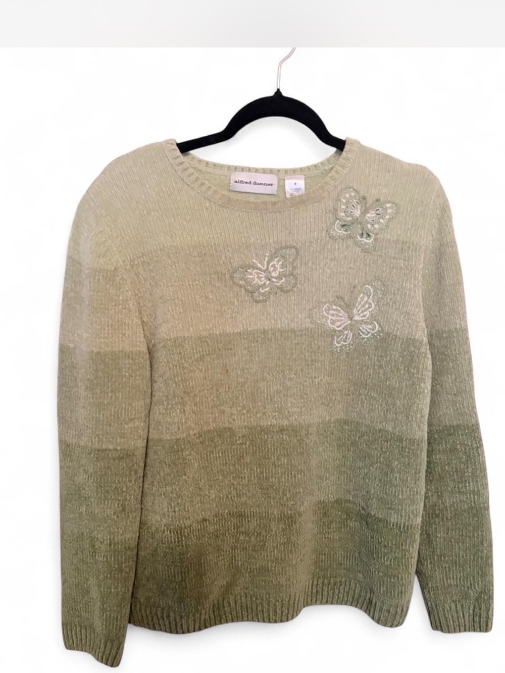 Alfred Dunner Olive Gradient Crewneck Sweater with Embroidered Butterflies